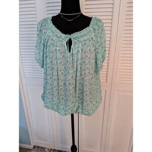 Gap Top Womens 2X Boho Cottagecore Mint Green White Floral Short Sleeve Smocked